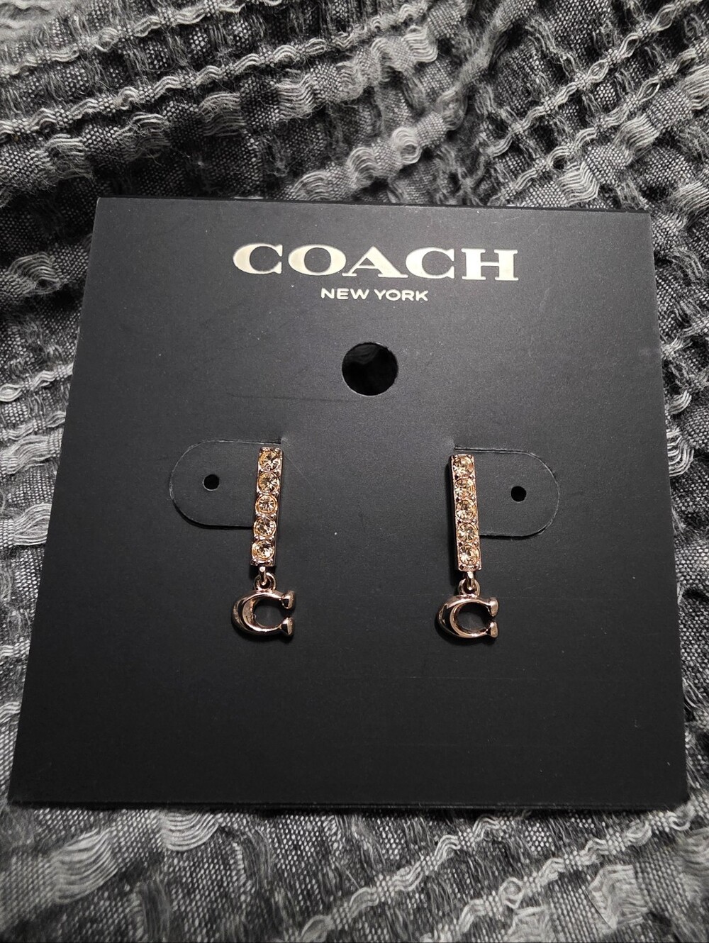 COACH Rose-Gold Crystal Bar Drop Earrings with Signature 'C' Charm NWT
